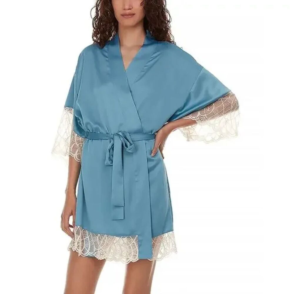 Flora Nikrooz Gabby Satin Kimono Robe Short Sleeves Lace Trim Size S Blue
